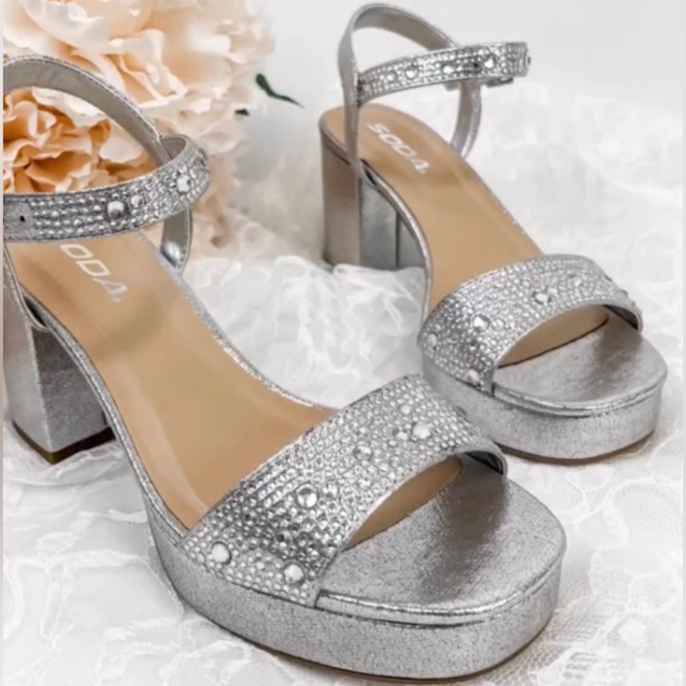 NEW Soda Silver Rhinestone Platform Heels 💎